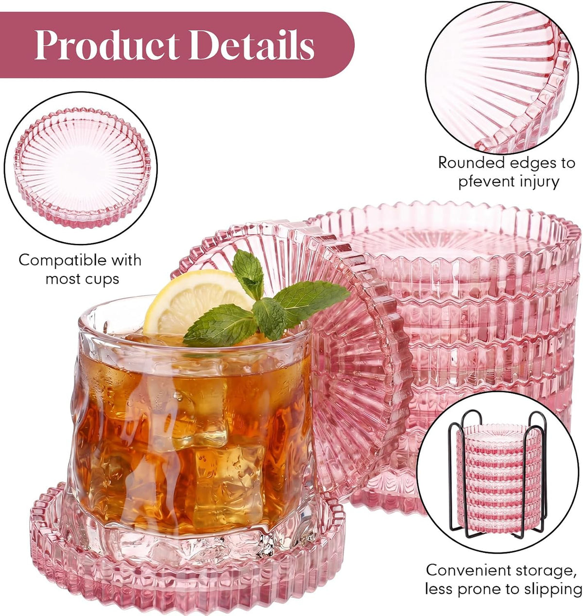 8 Pcs Glass Coasters with Holder Clear Drink Coasters Crystal Round Beverage Cup Mats Candle Holder Tray for Coffee Table Home Kitchen Table Protection Serving Accessories (Pink)