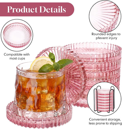 8 Pcs Glass Coasters with Holder Clear Drink Coasters Crystal Round Beverage Cup Mats Candle Holder Tray for Coffee Table Home Kitchen Table Protection Serving Accessories (Pink)