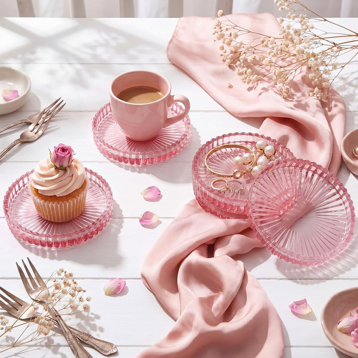 8 Pcs Glass Coasters with Holder Clear Drink Coasters Crystal Round Beverage Cup Mats Candle Holder Tray for Coffee Table Home Kitchen Table Protection Serving Accessories (Pink)