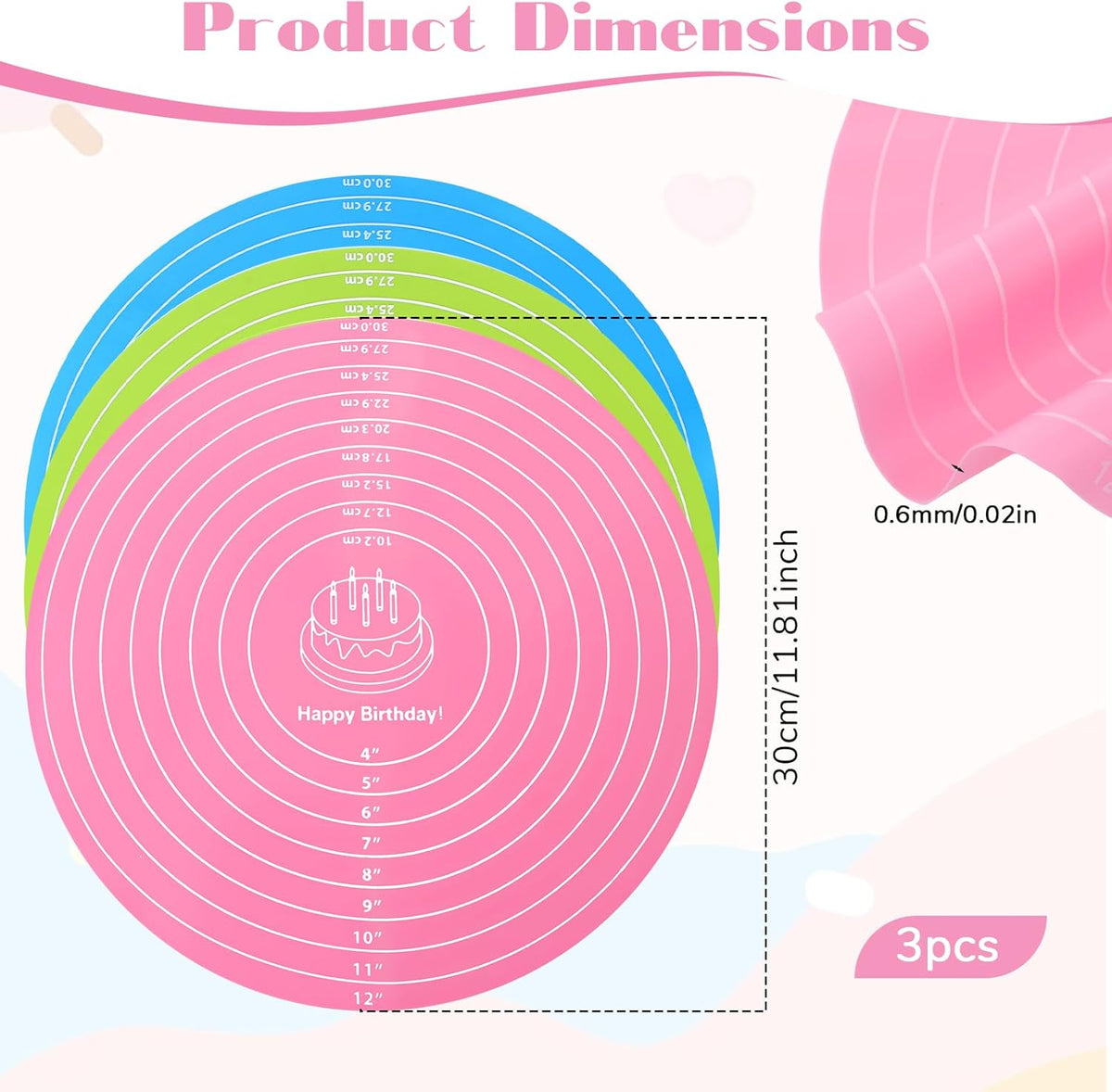 3 Pcs Round Silicone Baking Mat, 12 Inch (30cm), Reusable Non-Stick