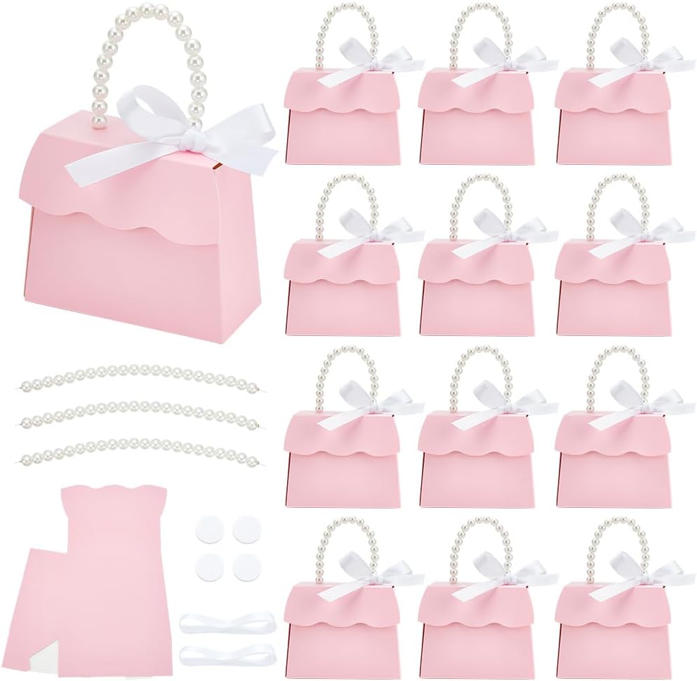 BENECREAT 16 Sets Pink Wedding Favors Box DIY Set, Kraft Paper Box with Pearl Handle, Ribbons, Stickers, Gift Boxes for Birthday, Party Favor, Boutique, Wedding and Anniversary