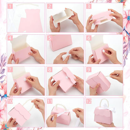 BENECREAT 16 Sets Pink Wedding Favors Box DIY Set, Kraft Paper Box with Pearl Handle, Ribbons, Stickers, Gift Boxes for Birthday, Party Favor, Boutique, Wedding and Anniversary
