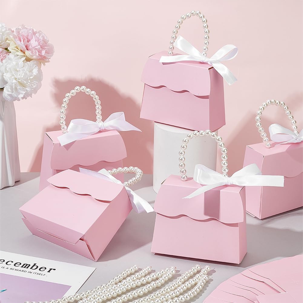 BENECREAT 16 Sets Pink Wedding Favors Box DIY Set, Kraft Paper Box with Pearl Handle, Ribbons, Stickers, Gift Boxes for Birthday, Party Favor, Boutique, Wedding and Anniversary