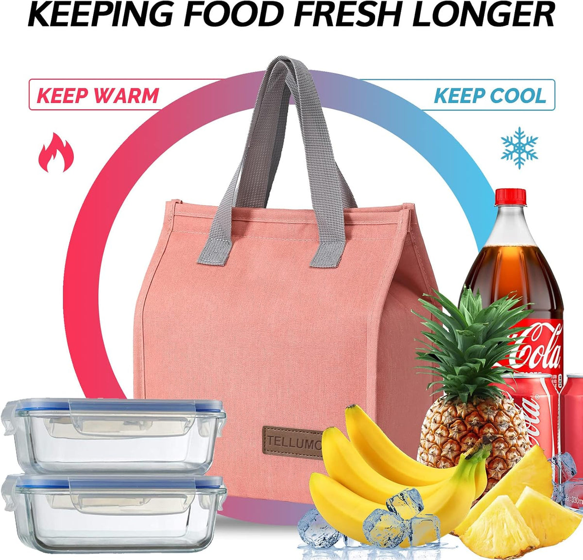 TELLUMO Insulated Lunch Bag for Men Women, Large Reusable Leakproof Lunch Box Container, Small Portable Thermal Snack Bag, Reusable Travel Office Work Beach Cooler Tote Bag for Adults, Pink