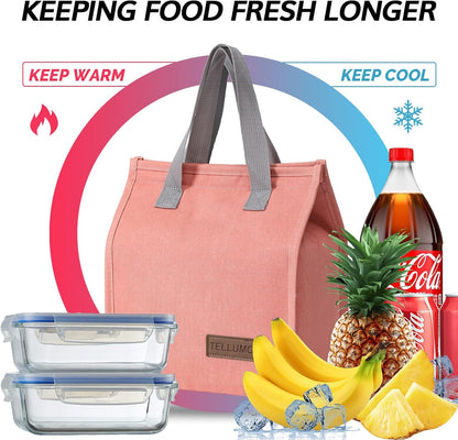 TELLUMO Insulated Lunch Bag for Men Women, Large Reusable Leakproof Lunch Box Container, Small Portable Thermal Snack Bag, Reusable Travel Office Work Beach Cooler Tote Bag for Adults, Pink