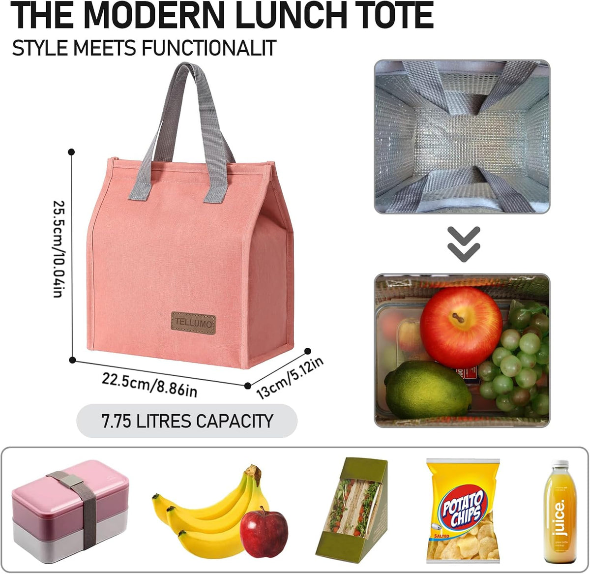 TELLUMO Insulated Lunch Bag for Men Women, Large Reusable Leakproof Lunch Box Container, Small Portable Thermal Snack Bag, Reusable Travel Office Work Beach Cooler Tote Bag for Adults, Pink