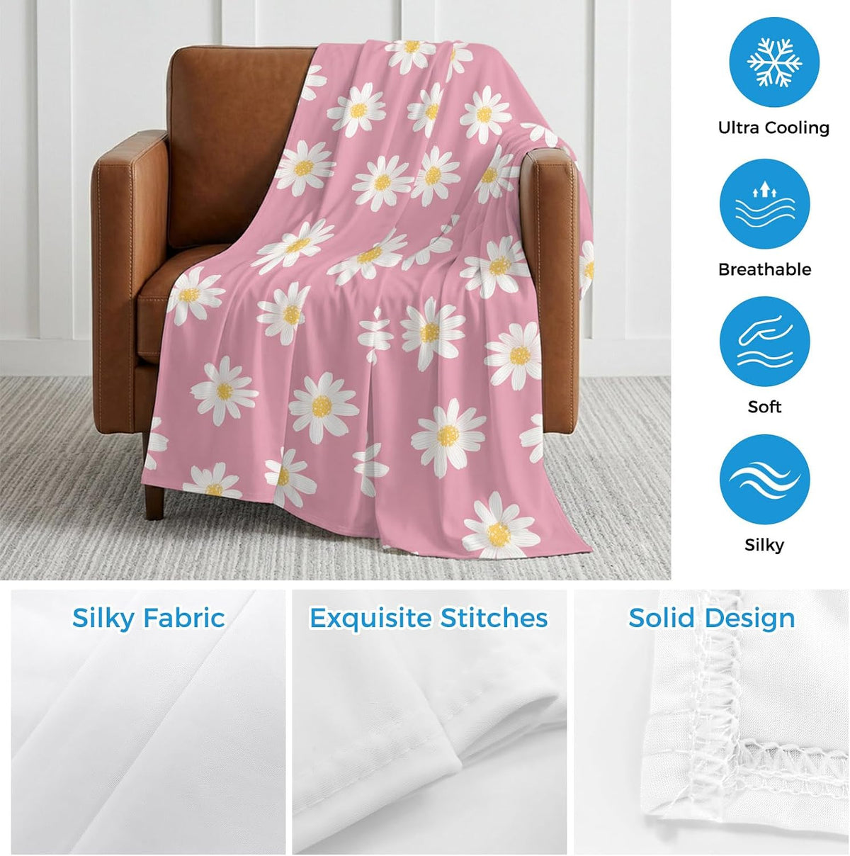 Cooling Blanket for Hot Sleepers White Daisies Lightweight Breathable Double Sided Summer Blanket Pink Background Cooling Throw Blanket for Couch Bed Night Sweats 30"x40"