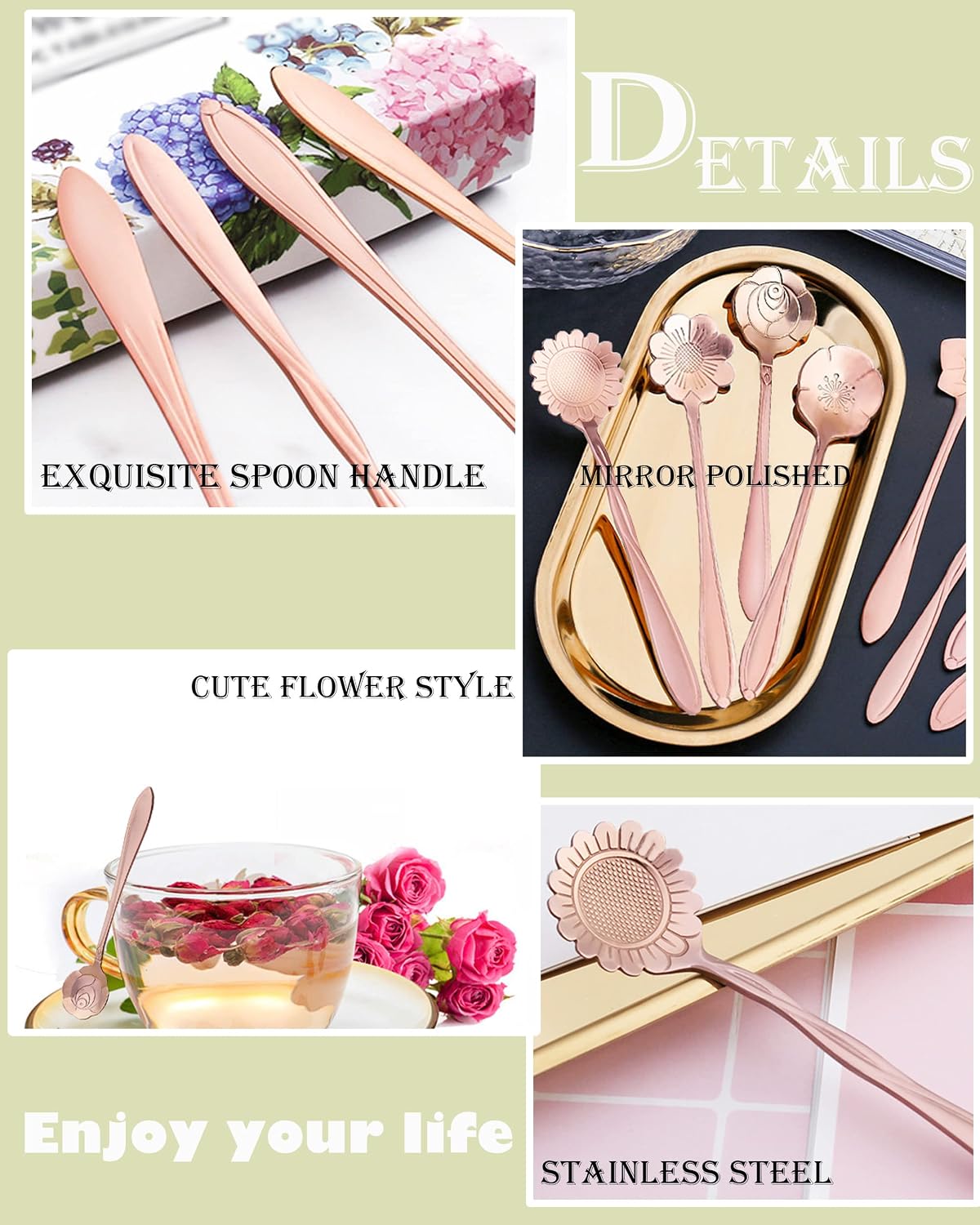 16 Pcs Teaspoon Tea Spoons, Stainless Steel Cute Coffee Spoon for Tea Party Decorations (Rose Gold)