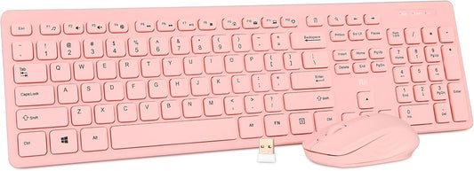 Wireless Keyboard and Mouse Combo - Standard Office PC Keyboard and Optical Wireless Mice (Pink)