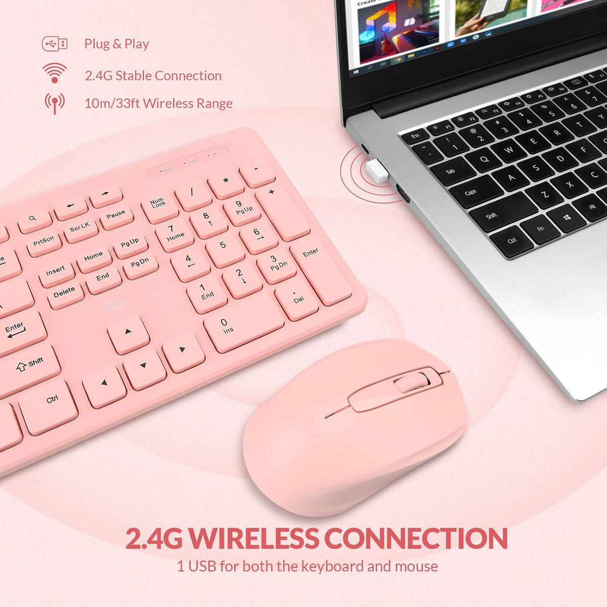 Wireless Keyboard and Mouse Combo - Standard Office PC Keyboard and Optical Wireless Mice (Pink)