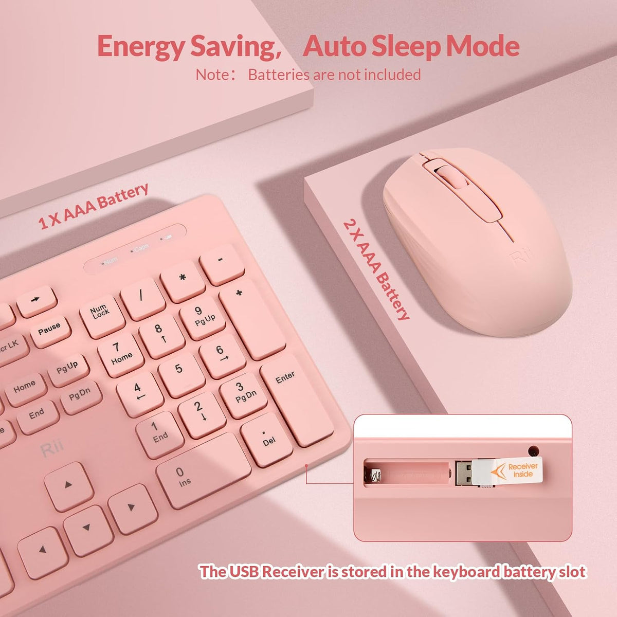 Wireless Keyboard and Mouse Combo - Standard Office PC Keyboard and Optical Wireless Mice (Pink)