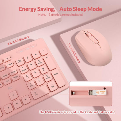 Wireless Keyboard and Mouse Combo - Standard Office PC Keyboard and Optical Wireless Mice (Pink)