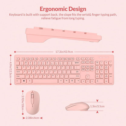 Wireless Keyboard and Mouse Combo - Standard Office PC Keyboard and Optical Wireless Mice (Pink)