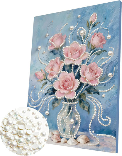 Pink Flower DIY Pearl Painting Kit with Frame, 11.81x15.75 Inch Pink Floral Pearl Gem Art, Romantic Home Wall Decor Craft for Adults Beginners, Complete Picture Arts Gift Set