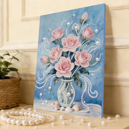 Pink Flower DIY Pearl Painting Kit with Frame, 11.81x15.75 Inch Pink Floral Pearl Gem Art, Romantic Home Wall Decor Craft for Adults Beginners, Complete Picture Arts Gift Set