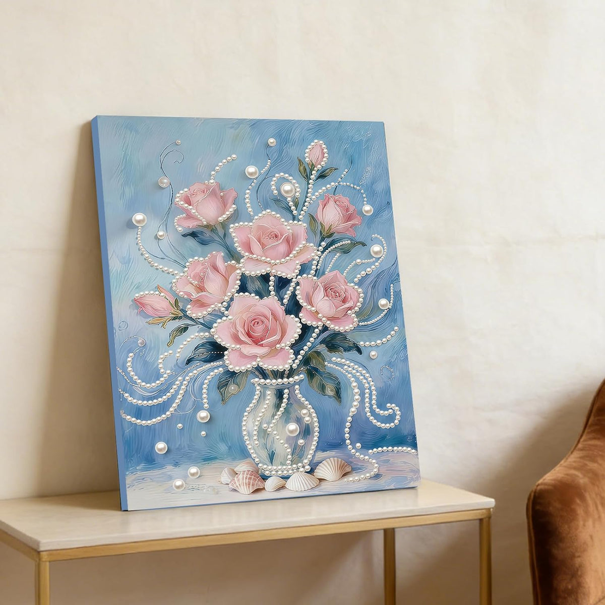 Pink Flower DIY Pearl Painting Kit with Frame, 11.81x15.75 Inch Pink Floral Pearl Gem Art, Romantic Home Wall Decor Craft for Adults Beginners, Complete Picture Arts Gift Set