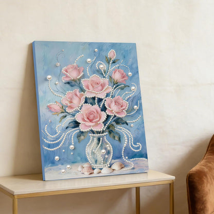 Pink Flower DIY Pearl Painting Kit with Frame, 11.81x15.75 Inch Pink Floral Pearl Gem Art, Romantic Home Wall Decor Craft for Adults Beginners, Complete Picture Arts Gift Set