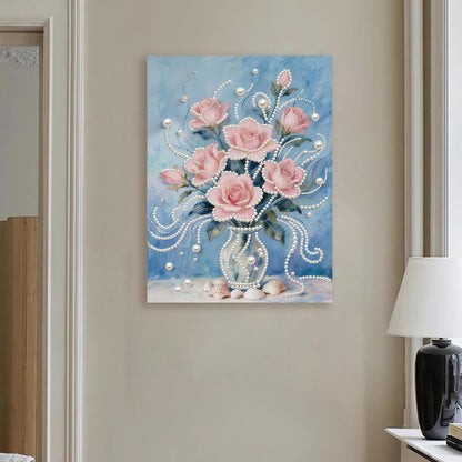 Pink Flower DIY Pearl Painting Kit with Frame, 11.81x15.75 Inch Pink Floral Pearl Gem Art, Romantic Home Wall Decor Craft for Adults Beginners, Complete Picture Arts Gift Set