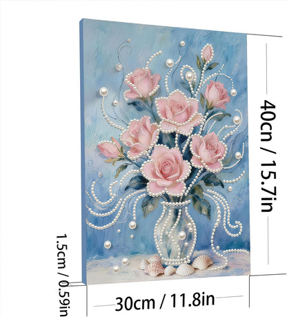 Pink Flower DIY Pearl Painting Kit with Frame, 11.81x15.75 Inch Pink Floral Pearl Gem Art, Romantic Home Wall Decor Craft for Adults Beginners, Complete Picture Arts Gift Set