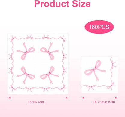 160 PCS Pink Bow Napkins Pink Napkins Disposable Folded 6.5 x 6.5 Inches Cute Bow Paper for Bridal Shower Tea Wedding Birthday Party Bow Theme Decorations