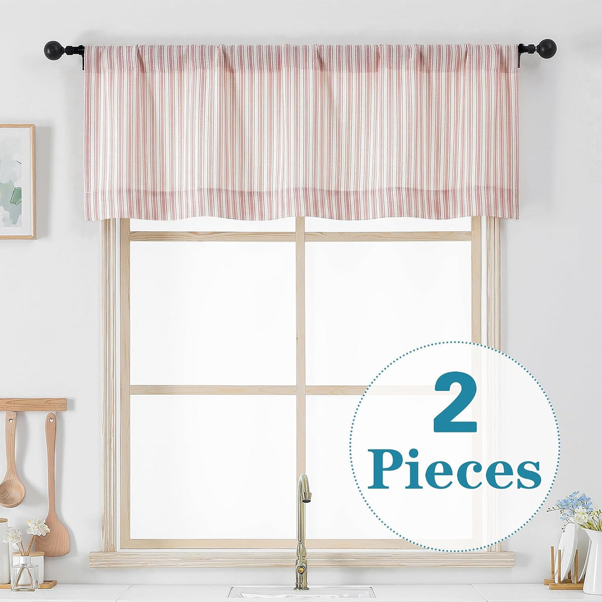 Pink Stripe Window Valances - Light Filtering Faux Linen Short Tier Valance Curtains, Rod Pocket Boho Striped Topper Farmhouse Valance for Living Room Bathroom, 52Wx18L, 2 Pieces
