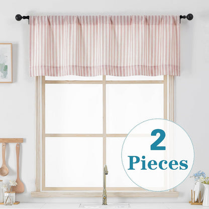 Pink Stripe Window Valances - Light Filtering Faux Linen Short Tier Valance Curtains, Rod Pocket Boho Striped Topper Farmhouse Valance for Living Room Bathroom, 52Wx18L, 2 Pieces