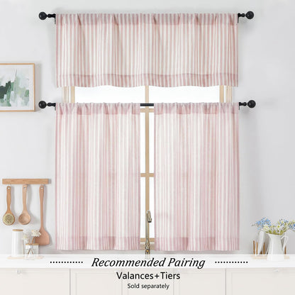 Pink Stripe Window Valances - Light Filtering Faux Linen Short Tier Valance Curtains, Rod Pocket Boho Striped Topper Farmhouse Valance for Living Room Bathroom, 52Wx18L, 2 Pieces
