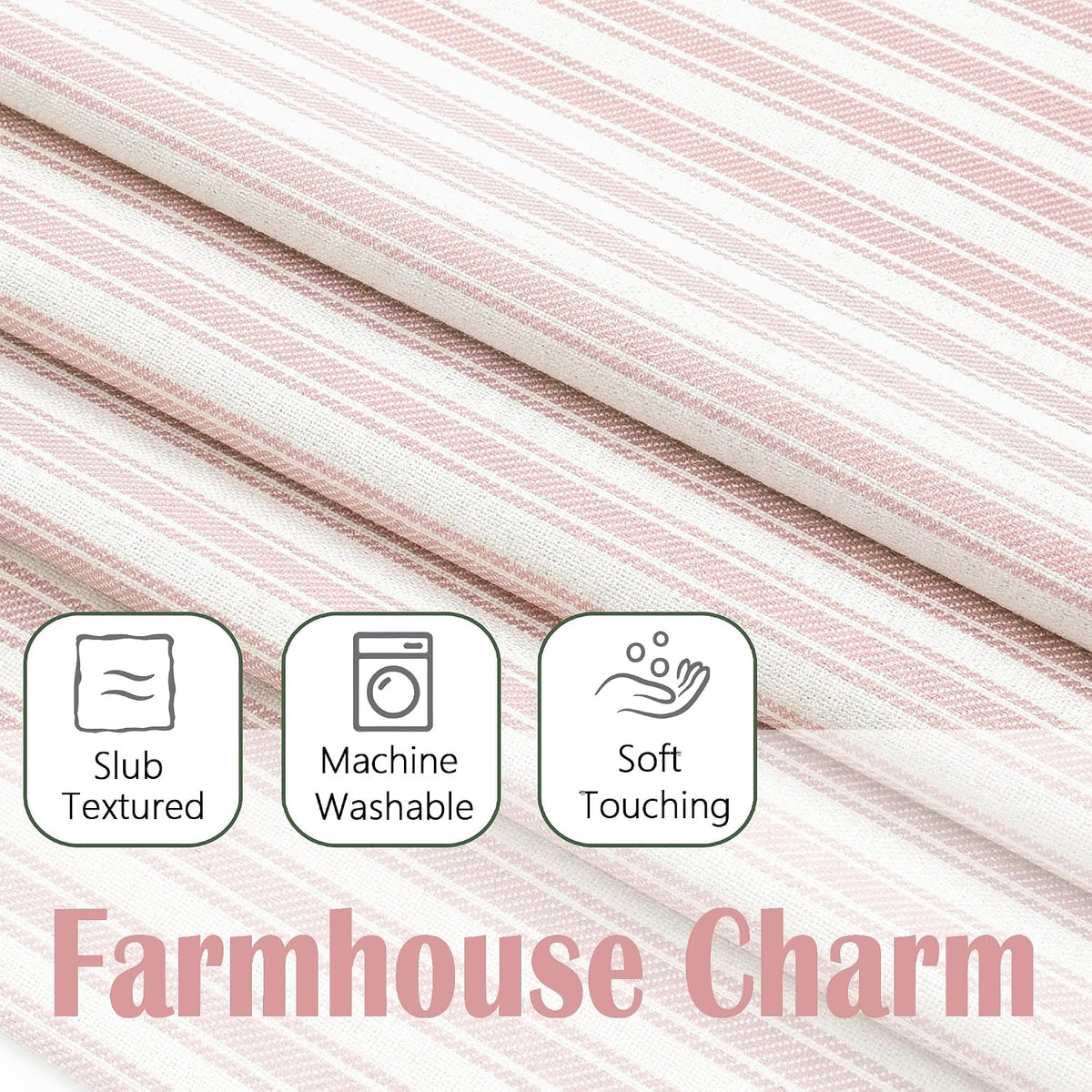 Pink Stripe Window Valances - Light Filtering Faux Linen Short Tier Valance Curtains, Rod Pocket Boho Striped Topper Farmhouse Valance for Living Room Bathroom, 52Wx18L, 2 Pieces