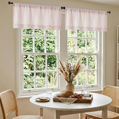 Pink Stripe Window Valances - Light Filtering Faux Linen Short Tier Valance Curtains, Rod Pocket Boho Striped Topper Farmhouse Valance for Living Room Bathroom, 52Wx18L, 2 Pieces