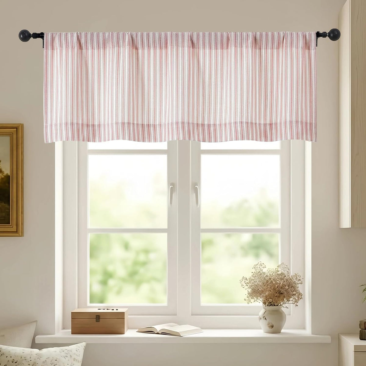 Pink Stripe Window Valances - Light Filtering Faux Linen Short Tier Valance Curtains, Rod Pocket Boho Striped Topper Farmhouse Valance for Living Room Bathroom, 52Wx18L, 2 Pieces