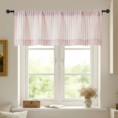 Pink Stripe Window Valances - Light Filtering Faux Linen Short Tier Valance Curtains, Rod Pocket Boho Striped Topper Farmhouse Valance for Living Room Bathroom, 52Wx18L, 2 Pieces