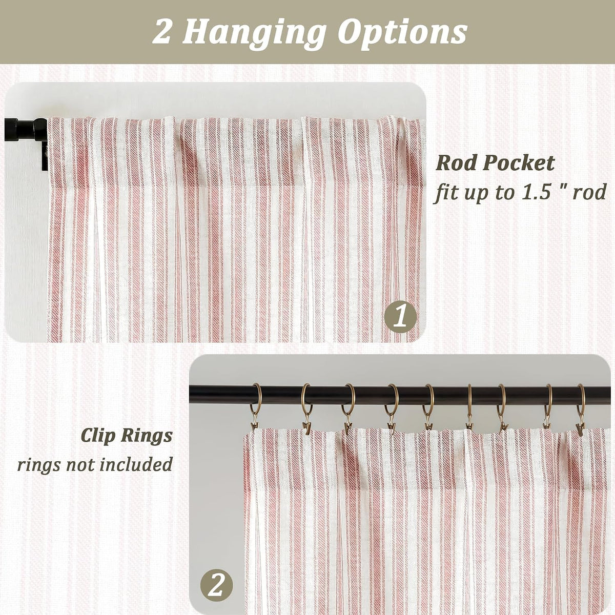 Pink Stripe Window Valances - Light Filtering Faux Linen Short Tier Valance Curtains, Rod Pocket Boho Striped Topper Farmhouse Valance for Living Room Bathroom, 52Wx18L, 2 Pieces