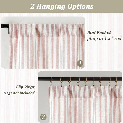 Pink Stripe Window Valances - Light Filtering Faux Linen Short Tier Valance Curtains, Rod Pocket Boho Striped Topper Farmhouse Valance for Living Room Bathroom, 52Wx18L, 2 Pieces