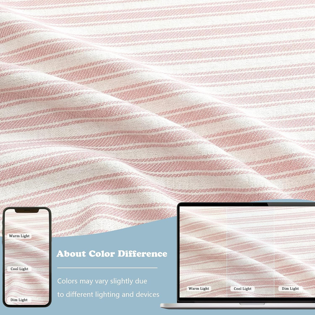 Pink Stripe Window Valances - Light Filtering Faux Linen Short Tier Valance Curtains, Rod Pocket Boho Striped Topper Farmhouse Valance for Living Room Bathroom, 52Wx18L, 2 Pieces