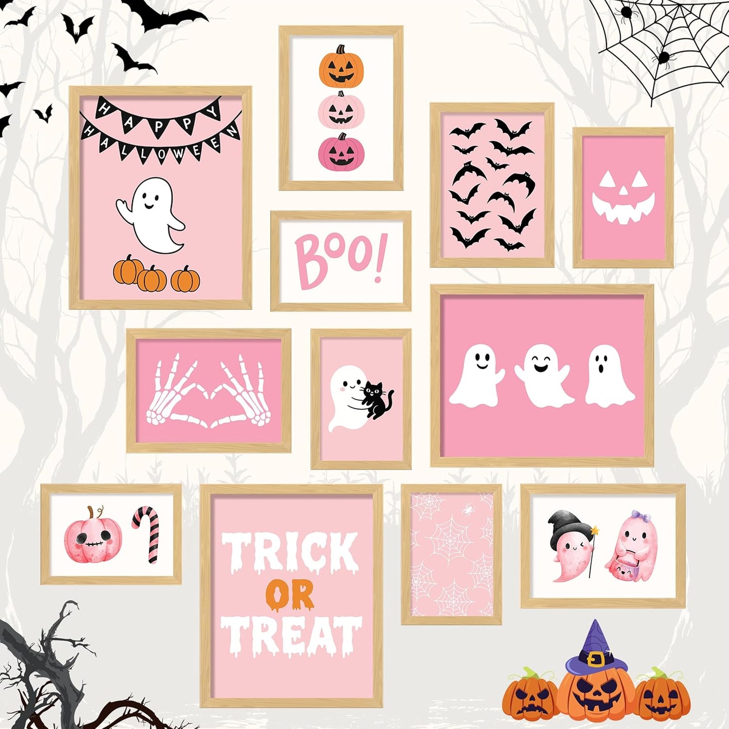 Pink Ghost Halloween Wall Art, 12 Pcs Poster Set, Unframed