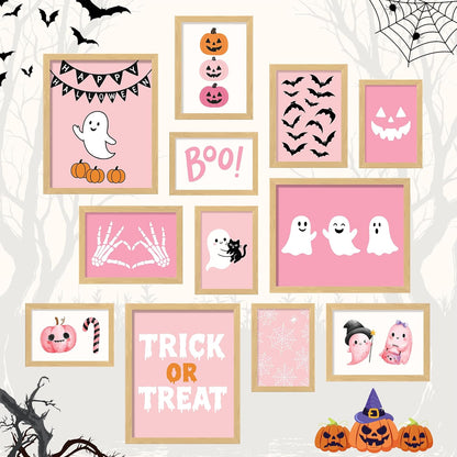 Pink Ghost Halloween Wall Art, 12 Pcs Poster Set, Unframed