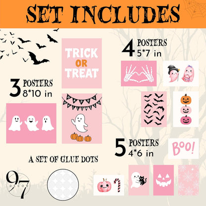 Pink Ghost Halloween Wall Art, 12 Pcs Poster Set, Unframed