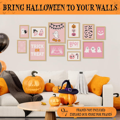Pink Ghost Halloween Wall Art, 12 Pcs Poster Set, Unframed