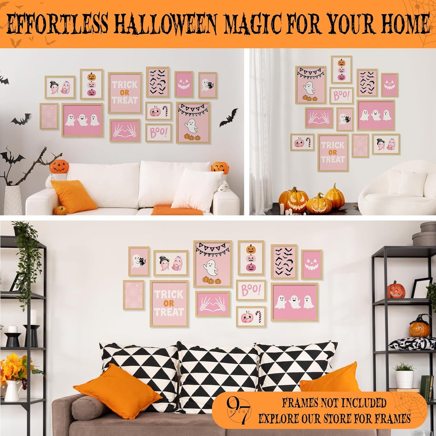 Pink Ghost Halloween Wall Art, 12 Pcs Poster Set, Unframed