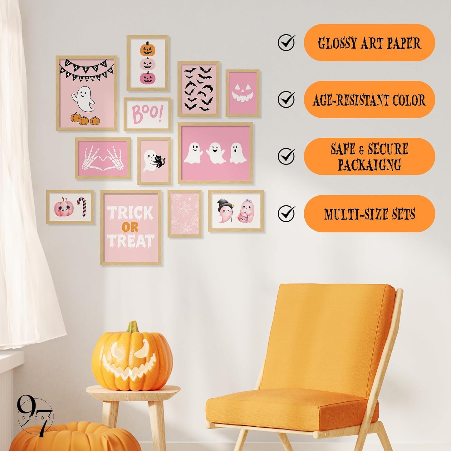 Pink Ghost Halloween Wall Art, 12 Pcs Poster Set, Unframed