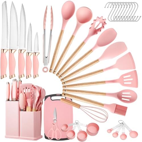 Kitchen Utensils Set,37 Piece Cooking Utensils and Knife Set,Pink