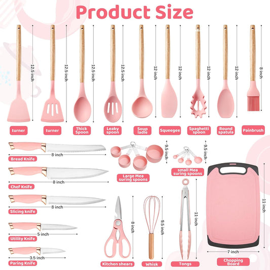 Kitchen Utensils Set,37 Piece Cooking Utensils and Knife Set,Pink