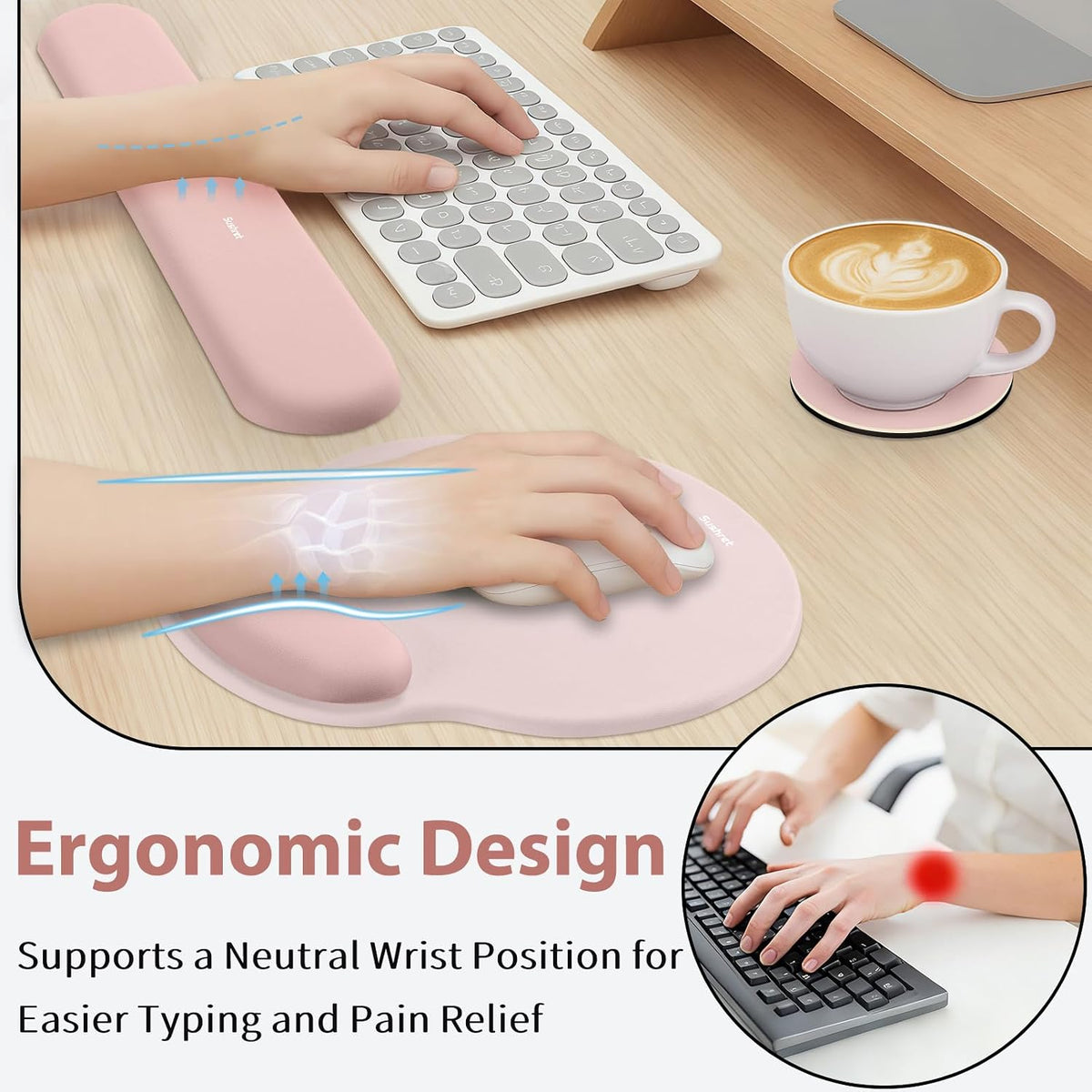 Mouse Pad and Keyboard Wrist Rest, 3-in-1 Gel Memory Foam Ergonomic Mouse Pad with Wrist Rest Set, Gaming Mousepad Arm Cushion Support for Computer Office Desk Accessories Cute Setup, Pink