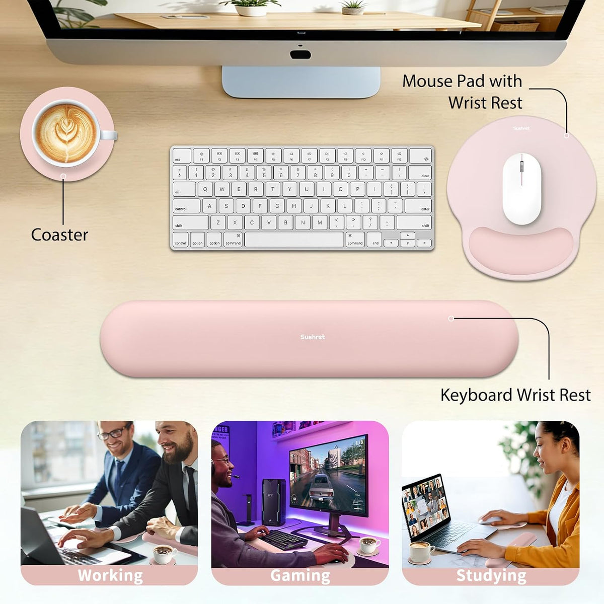 Mouse Pad and Keyboard Wrist Rest, 3-in-1 Gel Memory Foam Ergonomic Mouse Pad with Wrist Rest Set, Gaming Mousepad Arm Cushion Support for Computer Office Desk Accessories Cute Setup, Pink