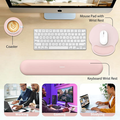 Mouse Pad and Keyboard Wrist Rest, 3-in-1 Gel Memory Foam Ergonomic Mouse Pad with Wrist Rest Set, Gaming Mousepad Arm Cushion Support for Computer Office Desk Accessories Cute Setup, Pink