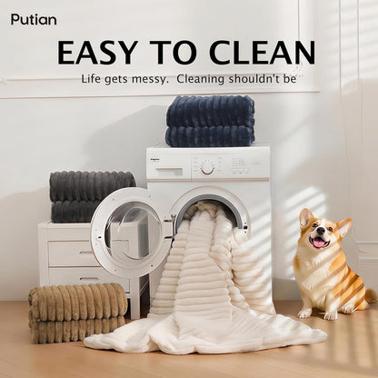 PuTian Waterproof Dog Blanket for Large Dogs Reversible Rabbit Velvet & Sherpa Fleece Cat Blanket for Couch Sofa Bed, 50''X60'' Off White