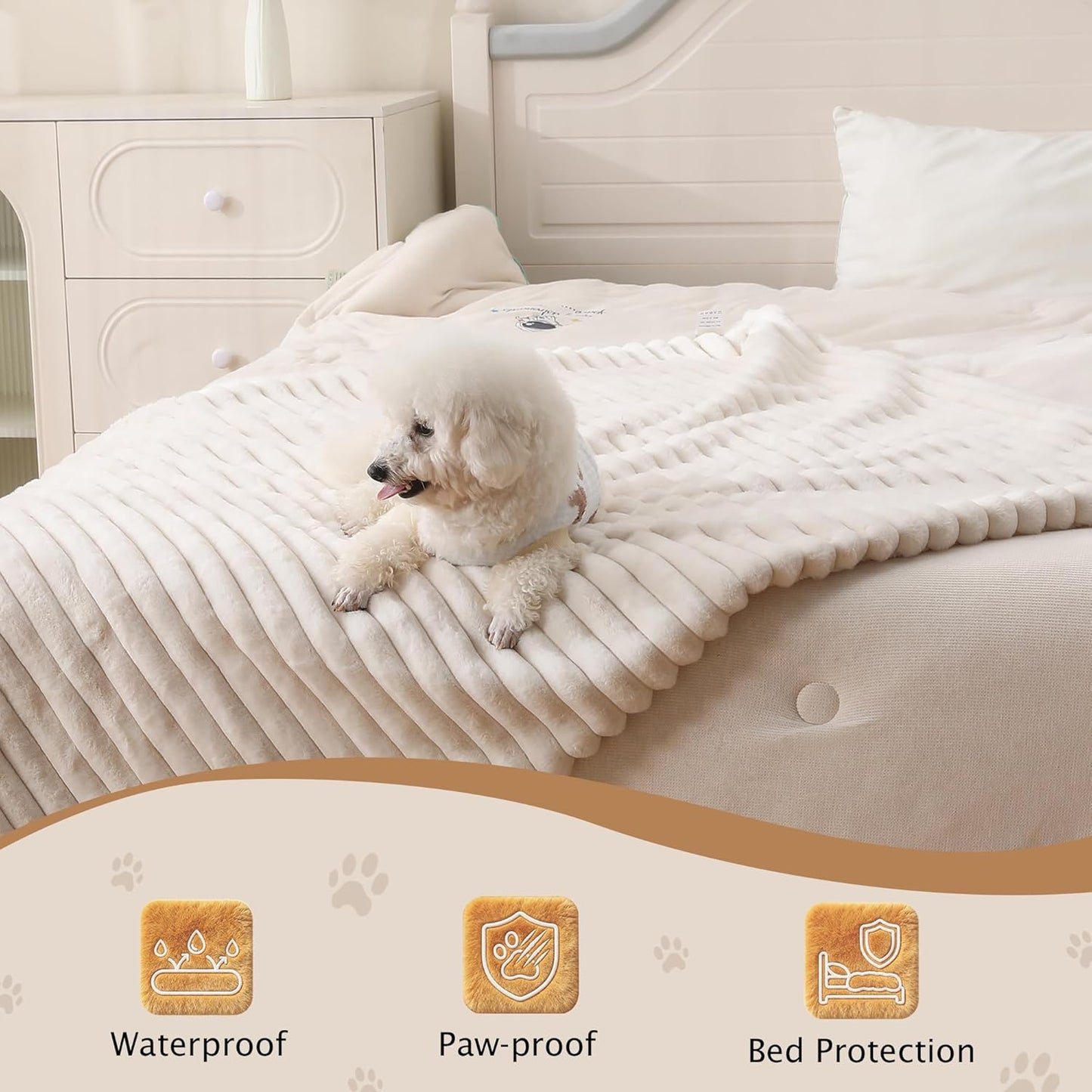 PuTian Waterproof Dog Blanket for Large Dogs Reversible Rabbit Velvet & Sherpa Fleece Cat Blanket for Couch Sofa Bed, 50''X60'' Off White