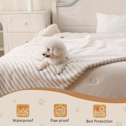 PuTian Waterproof Dog Blanket for Large Dogs Reversible Rabbit Velvet & Sherpa Fleece Cat Blanket for Couch Sofa Bed, 50''X60'' Off White
