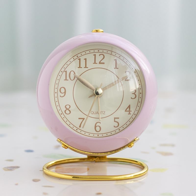 3 Inches Analog Alarm Clocks Retro Backlight Cute Simple Design with Night Light Silent Non-Ticking Battery Operated [Pink]