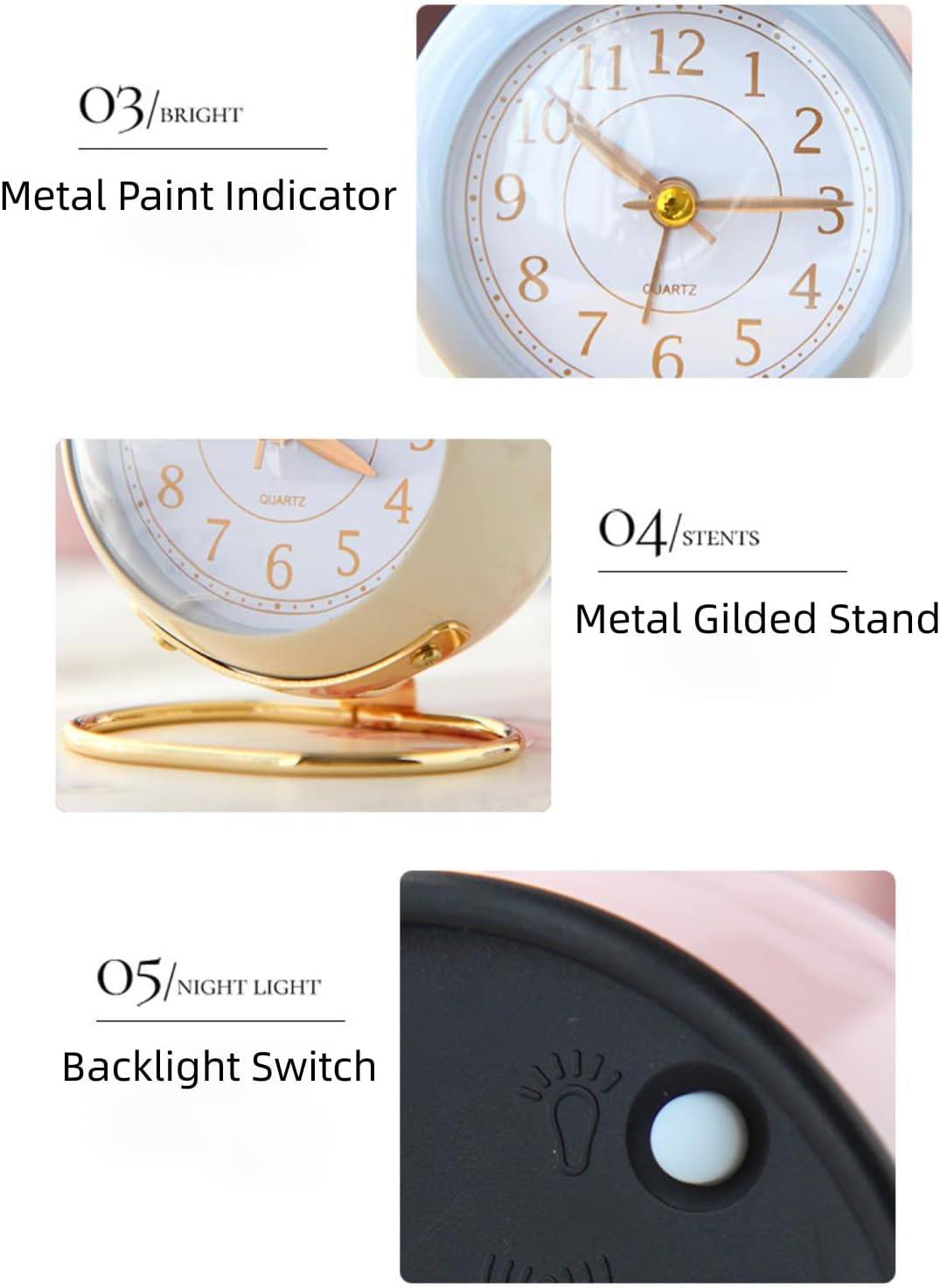 3 Inches Analog Alarm Clocks Retro Backlight Cute Simple Design with Night Light Silent Non-Ticking Battery Operated [Pink]